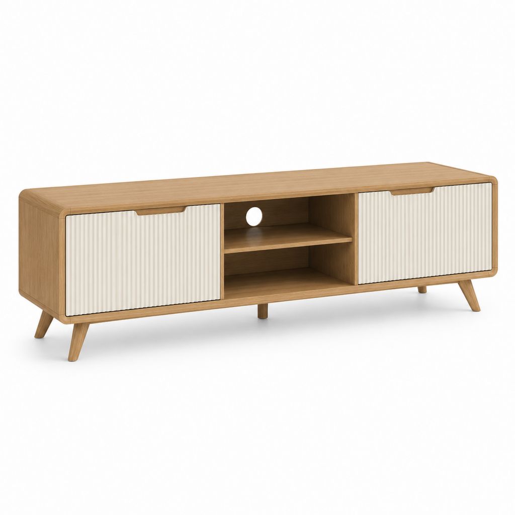 Meuble TV 160 cm chêne et blanc en MDF à portes coulissantes