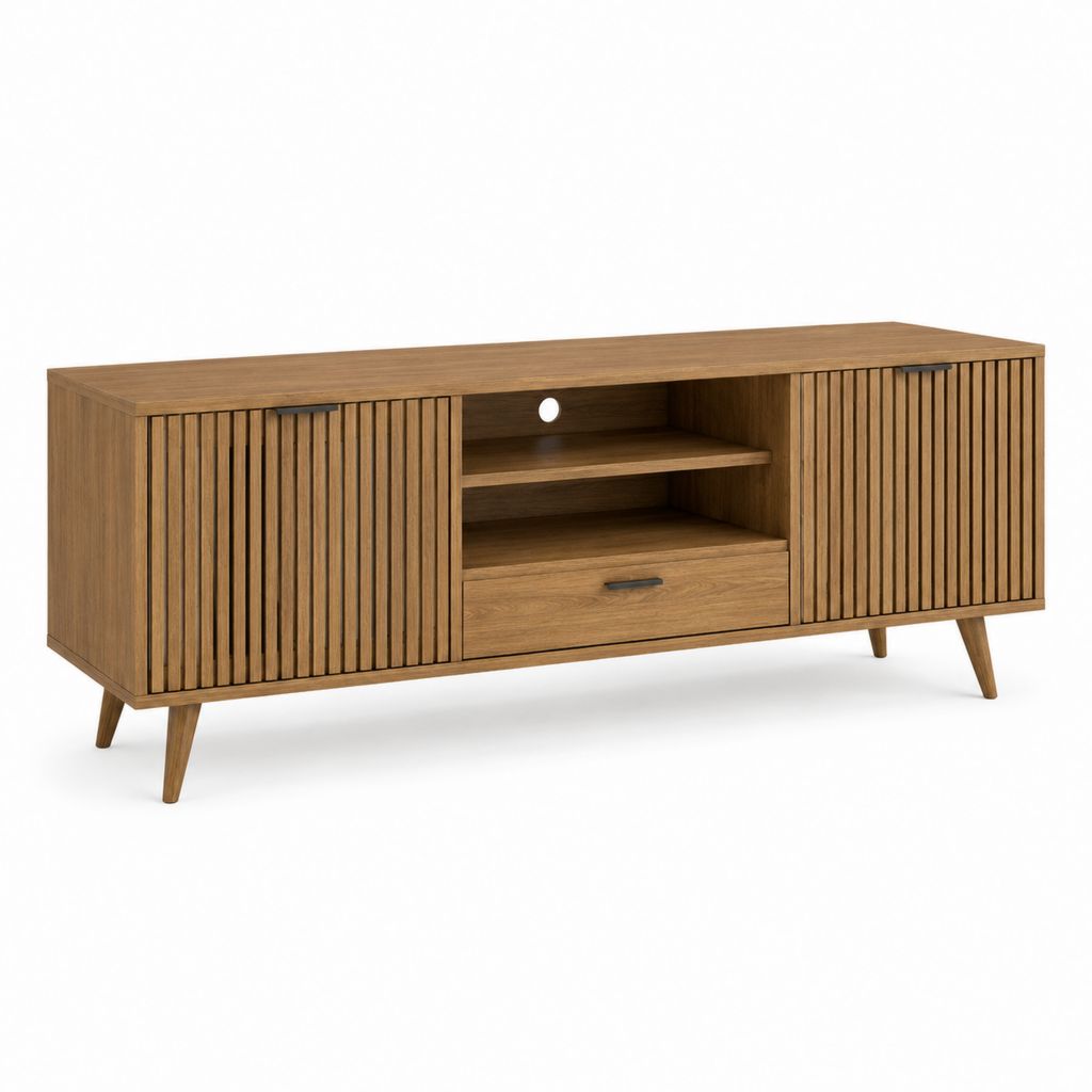 Meuble TV 180 cm marron en panneaux MDF plaqués noyer avec 2 portes coulissantes 1 tiroir et 2 étagères
