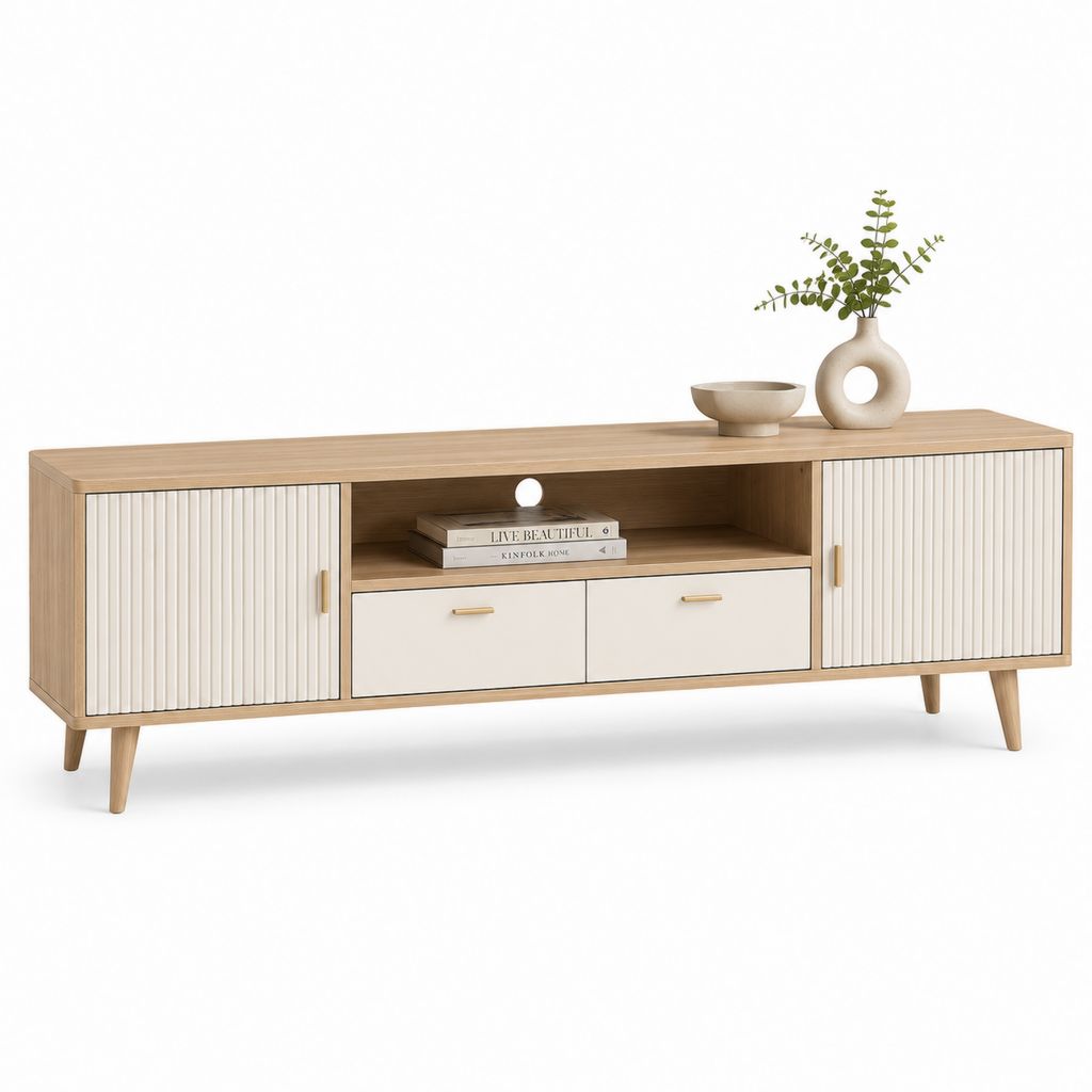 Meuble TV rectangulaire chêne clair et blanc en MDF et panneaux de particules 180 x 40 x 65 cm avec 2 portes et 2 tiroirs