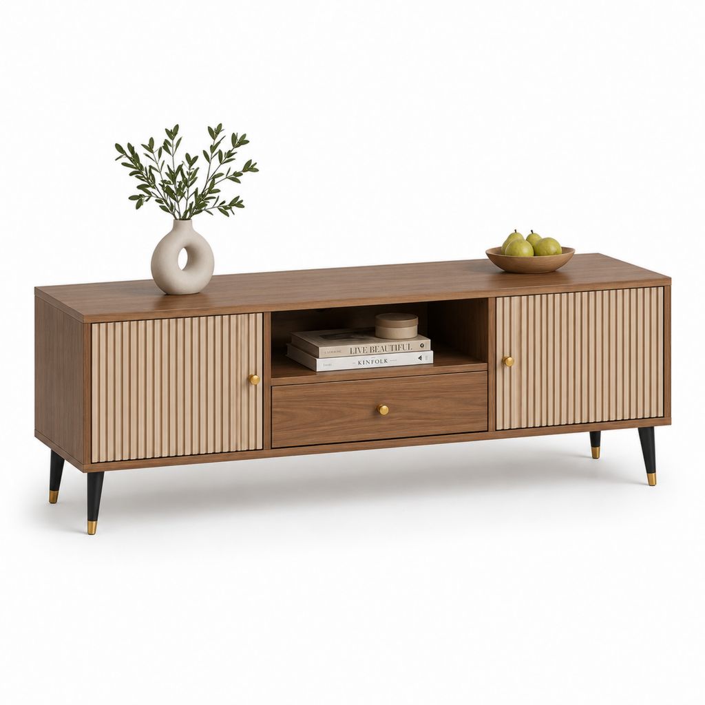 Meuble TV 160 cm noyer et beige en panneaux MDF avec 2 portes coulissantes 1 tiroir et pieds en acier
