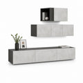 Ensemble meuble TV mural 3 éléments rectangulaires gris béton et noir en panneaux de particules 180 x 40 x 45 cm