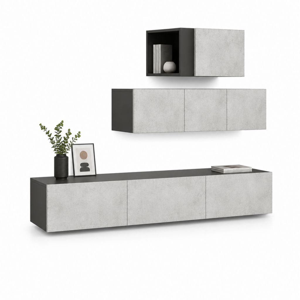 Ensemble meuble TV mural 3 éléments rectangulaires gris béton et noir en panneaux de particules 180 x 40 x 45 cm