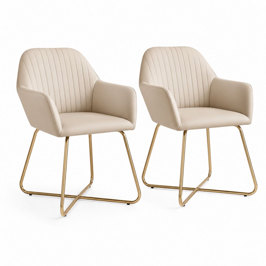 Lot de 2 chaises de salle à manger à accoudoirs beige en similicuir PU avec pieds traîneau en acier doré 54 x 60 x 82 cm