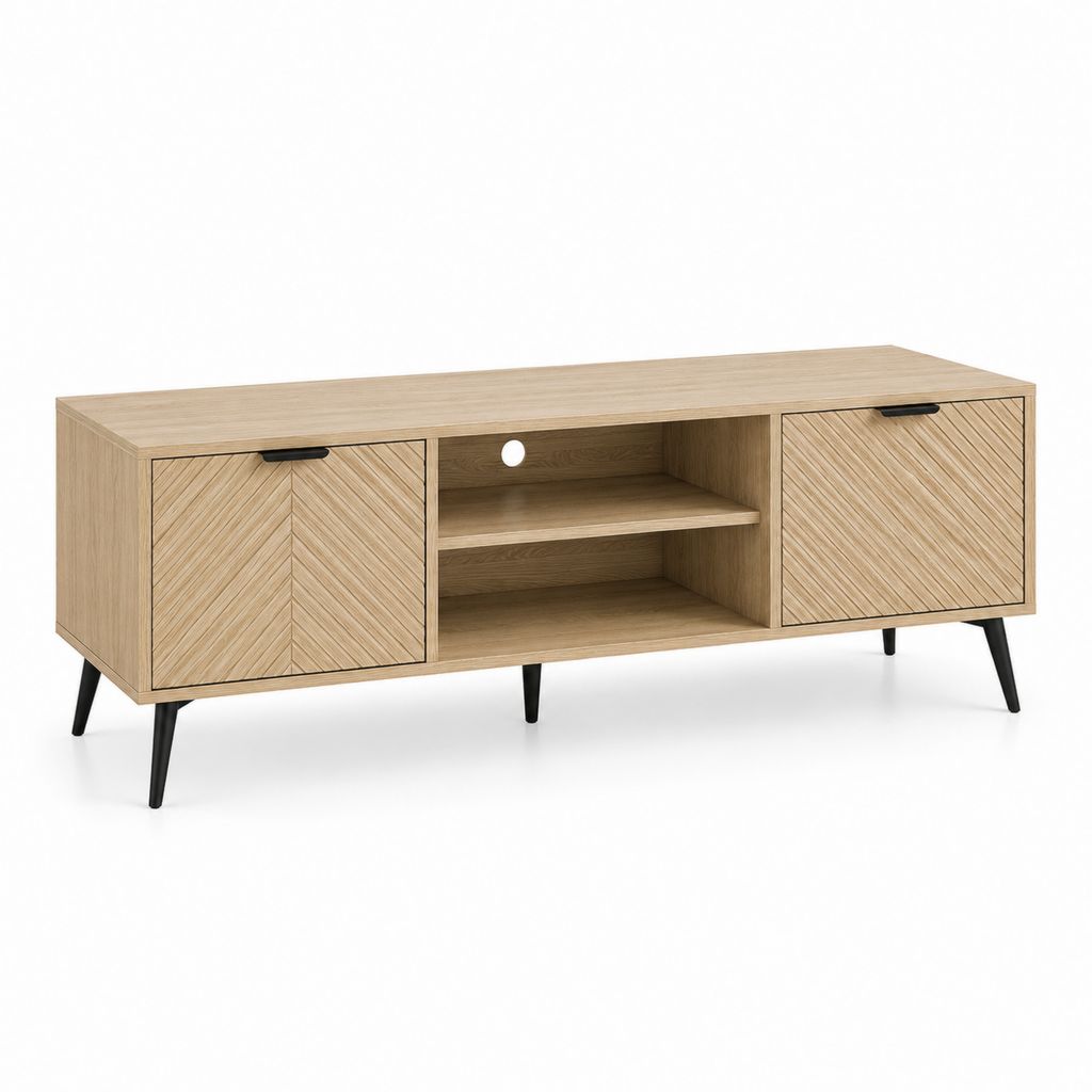 Meuble TV 160 x 40 x 55 cm chêne clair en panneaux MDF avec placage chêne et pieds noirs