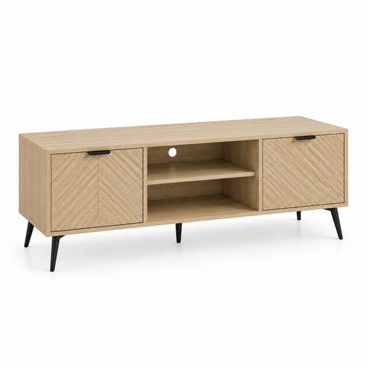 Meuble TV 160 x 40 x 55 cm chêne clair en panneaux MDF avec placage chêne et pieds noirs