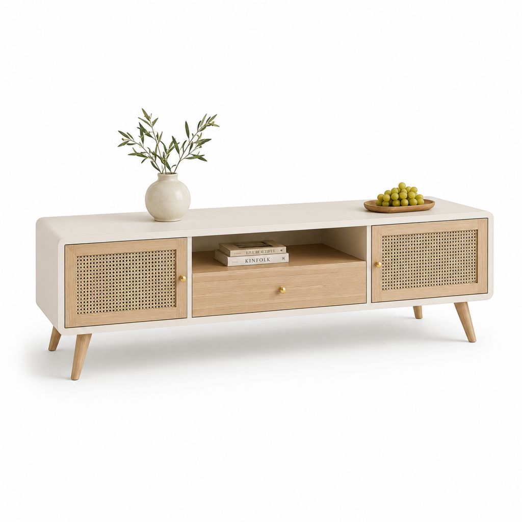 Meuble TV 2 portes blanc et chêne clair en MDF et rotin 160 x 40 x 55 cm