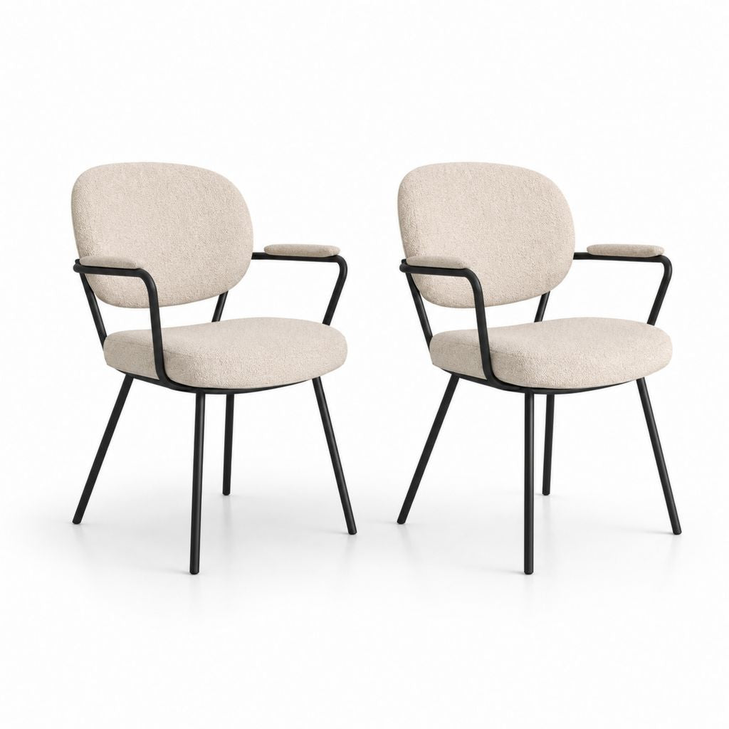 Lot de 2 chaises de salle à manger avec accoudoirs beige en polyester bouclette et acier 58 x 55 x 80 cm